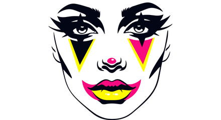 Stylized illustration of a face with bold makeup, featuring vibrant colors and graphic elements.