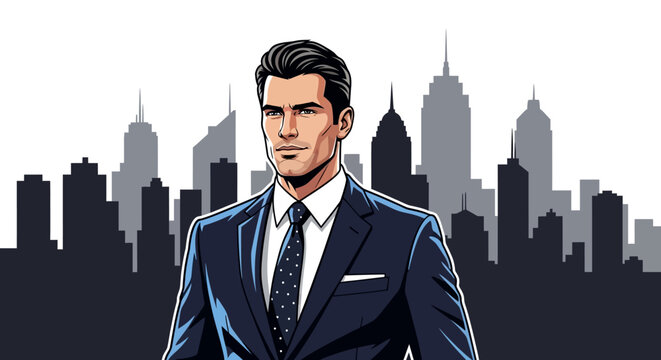 A confident businessman in a suit stands before a stylized cityscape backdrop.