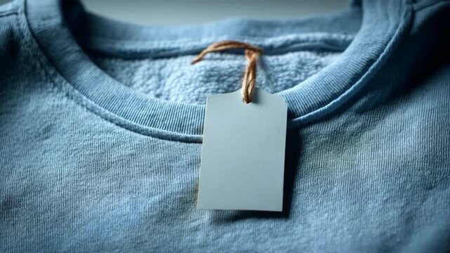Ultra HD Closeup of a blank white price tag attached with string to the collar of a light blue sweatshirt, showcasing fabric texture and copy space video