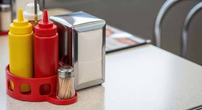 Classic diner table setup with condiments and napkin holder on white surface