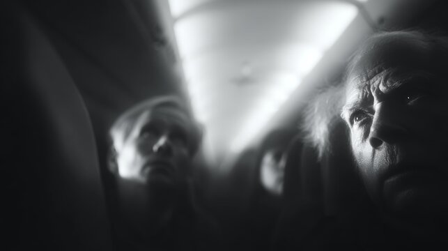 Fearful passengers in a dim airplane cabin captured in black and white for dramatic travel horror - Powered by Adobe