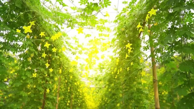 Lush green bitter melon vines with abundant yellow flowers creating a vibrant natural tunnel
