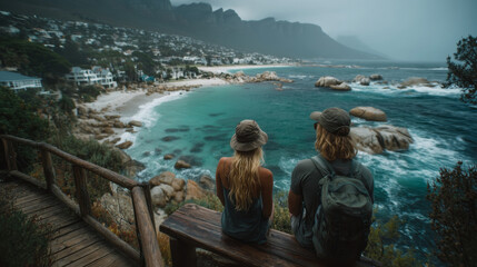 Traveling couple sitting on a wooden viewpoint overlooking a rocky coastline and turquoise sea together