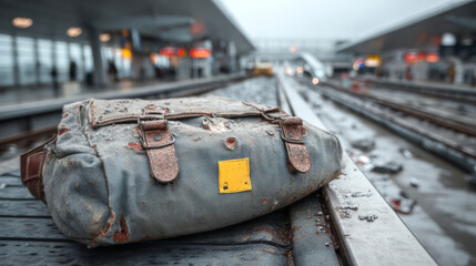 Worn travel backpack abandoned on a rain soaked railway platform beside tracks