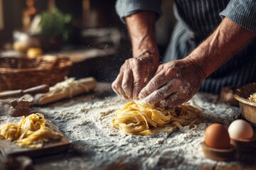 Creating fresh pasta in a cozy kitchen during the day with hands skillfully mixing and shaping dough into strands