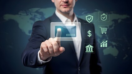 Businessman touching virtual financial icons, digital banking interface, online payment security, global fintech technology, smart investment and ecommerce innovation display