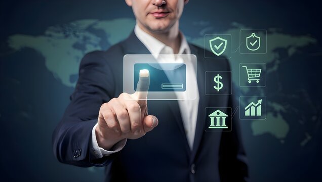 Businessman touching virtual financial icons, digital banking interface, online payment security, global fintech technology, smart investment and ecommerce innovation display