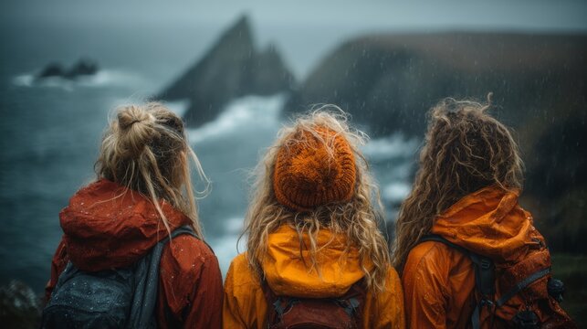 Three friends in rain jackets overlook a dramatic coastline during a misty travel moment