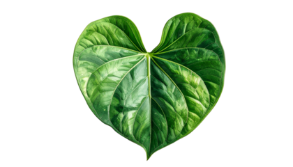 A heart-shaped, glossy, deep green leaf with veins, isolated on a black background