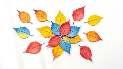 Vibrant gradient autumn leaves arranged in a captivating radiating pattern, showcasing a beautiful blend of warm and cool seasonal colors, symbolizing transition and natural artistry