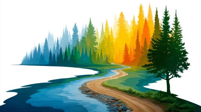 Colorful autumn forest path along a winding river with rainbow trees and lush greenery