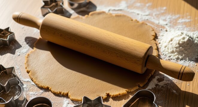 Rustic baking scene with rolling pin on dough and cookie cutters