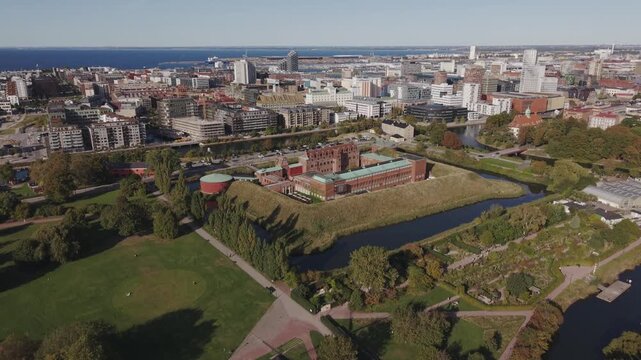 Aerial view of Malmohus Castle and city, Sweden.