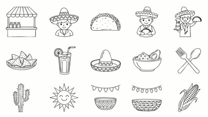 A charming collection of hand-drawn Mexican fiesta elements, including food, drinks, characters, and decorations, perfect for cultural celebrations.