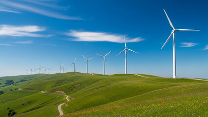 Fototapeta premium Wind turbines on a hill under bright blue sky, renewable energy theme, no people visible.