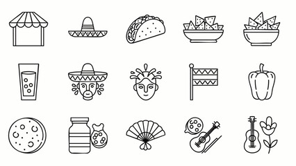 This diverse assortment of minimalist line art icons perfectly illustrates various aspects of vibrant Mexican culture, delicious cuisine, and festive traditions.