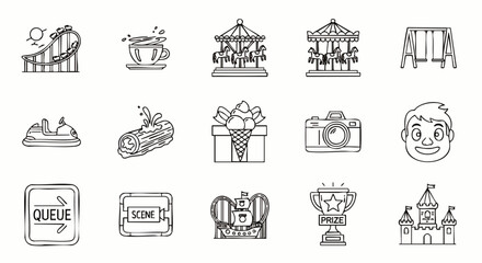 Explore a charming collection of hand-drawn line art icons showcasing various thrilling rides and attractions found within a vibrant amusement park setting.