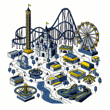 A detailed isometric illustration of a bustling amusement park, featuring thrilling rides, a majestic castle, and diverse attractions for family fun.