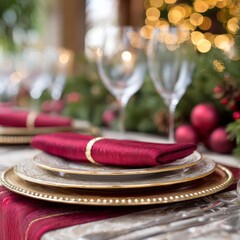 A beautifully arranged dinner table showcases red napkins and gold-trimmed plates, surrounded by sparkling lights and holiday decorations, creating a warm atmosphere