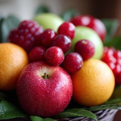 A vibrant collection of fresh fruits including apples, oranges, and berries is displayed on green leaves, creating an inviting and healthy scene