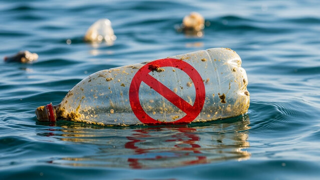 Plastic bottle floating in the ocean with a red prohibition symbol overlay, symbolic anti-pollution message.