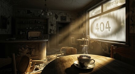 Atmospheric, dimly lit, abandoned cafe interior with a cup of steaming coffee on a table and a 404 error message on the window. 404 error coffee