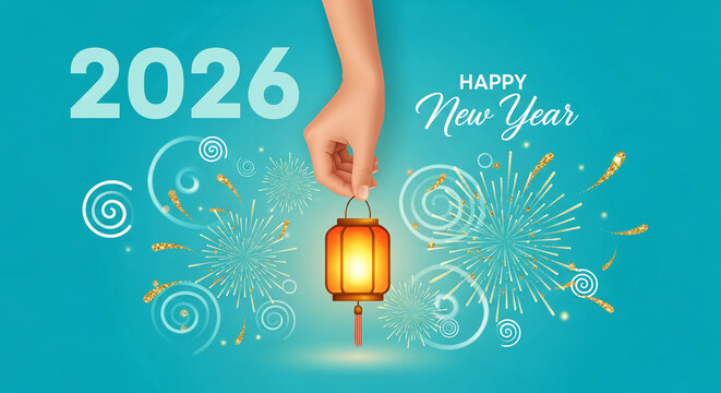 Illustration featuring the year 2026 and "Happy New Year" text with a hand holding a lantern, symbolizing celebration and hope for a prosperous new year - Powered by Adobe