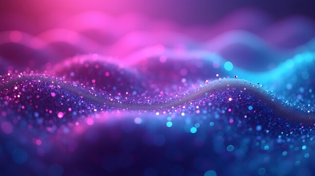 Abstract glowing waves of pink and blue light with sparkling particles - Powered by Adobe