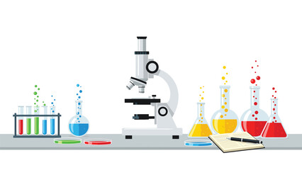 Vibrant laboratory setup with microscope, beakers, and notebook suggesting innovation, research, and progress in science and medicine