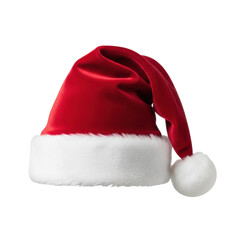 Photorealistic, high-key studio shot of a classic crimson velvet santa hat with thick white faux-fur trim and pom-pom, perfectly isolated on a transparent background, concept of festive minimalism