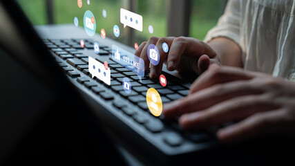 Multiple social media icons, likes, messages, and notifications representing online interaction, engagement, and digital communication Parse