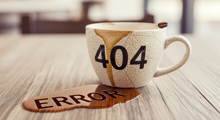 Spilled coffee cup with 404 error message on wooden table symbolizing a broken link or page not found concept. 404 error coffee