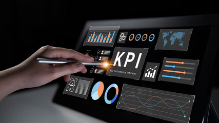 A digital dashboard displaying key performance indicators alongside various data visualizations in a professional business setting. Ideal for tech and analytics themes. Gantry