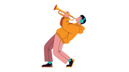 Stylish Young Man Playing Trumpet with Headphones Vector Illustration © Shakil