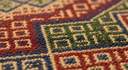 Vibrant Textile Art Showing Complex Geometric Shapes and Sparkling Details