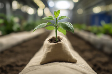 Young seedling growing in a small burlap sack, showing new organic life and sustainable agriculture developing in an indoor farming environment, symbolizing growth and environmental care