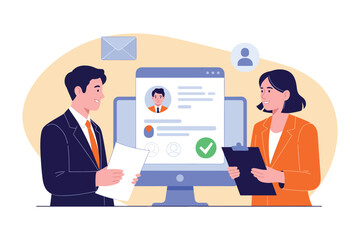 Man and woman reviewing a candidate profile on a computer screen together