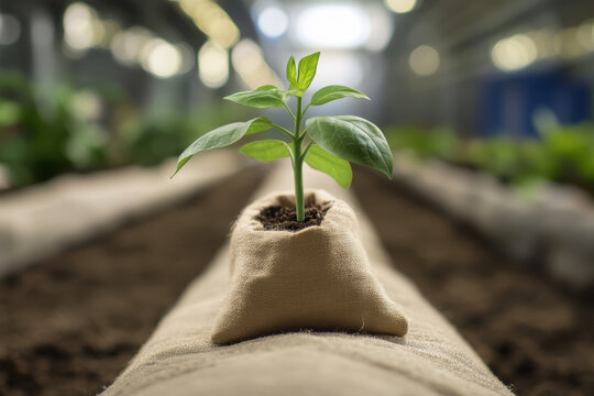 Young seedling growing in a small burlap sack, showing new organic life and sustainable agriculture developing in an indoor farming environment, symbolizing growth and environmental care