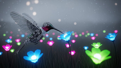 Fototapeta premium Clockwork bird flight concept with glowing flora, featuring a mix of nature and machine with vibrant blue, pink, and green lights, Great for imagination, eco-futurism, or whimsical design assets
