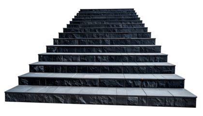 Stone staircase with dark tiles rises to the top, against a stark, black background