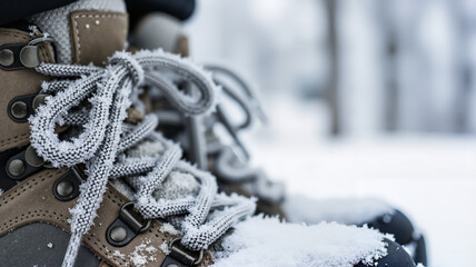Hiking boots covered with snow in winter forest setting  