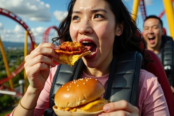 Close-up of a person enjoying a tasty meal on a thrilling roller coaster ride.