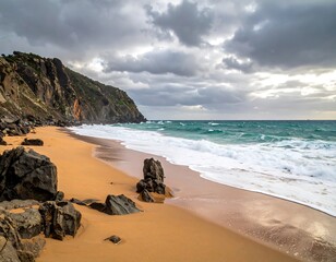 Dramatic beach scene; waves crashing, golden sand, rocky cliffs under a cloudy, dynamic sky