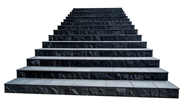 Stone staircase with dark tiles rises to the top, against a stark, black background
