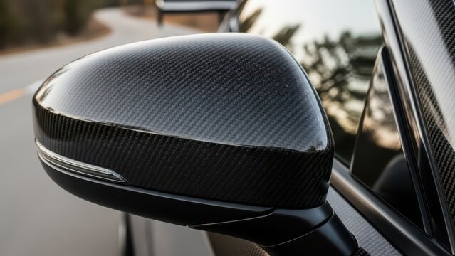 Close-up of carbon fiber car side mirror on a road