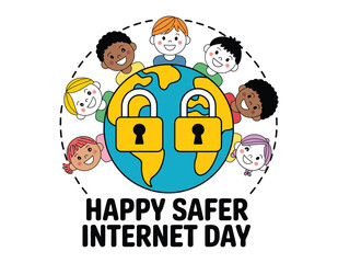 Cartoon illustration of happy safer internet day with children and globe locks