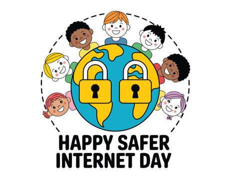 Cartoon illustration of happy safer internet day with children and globe locks