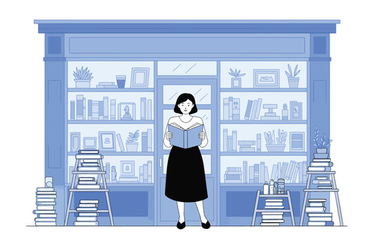 Illustration of woman reading a book in front of a bookshelf in a bookstore