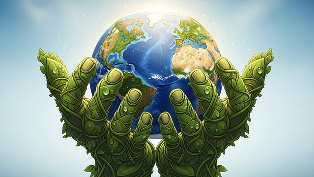 Earth held gently within two hands made of leaves, digital illustration, clean environmental message. - Powered by Adobe