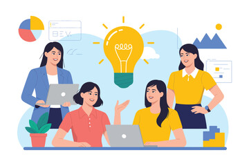 Group of women collaborating with laptops and a lightbulb idea illustration